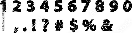 Numbers and punctuation marks rough destroy font, broken glass effect, black cracked shape typographic numeric symbols