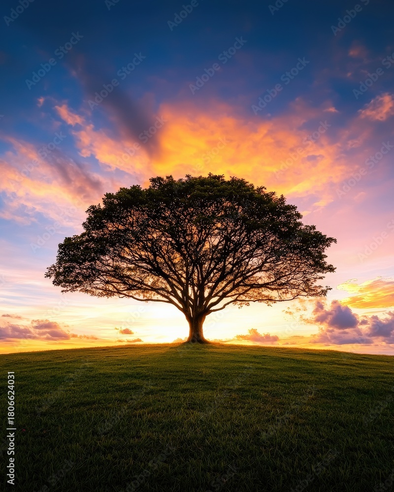 Obraz premium A solitary tree standing in the middle of a grassy field under a dramatic sunset sky