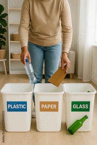 Woman Sorting Recyclable Materials Into Bins at Home Environment