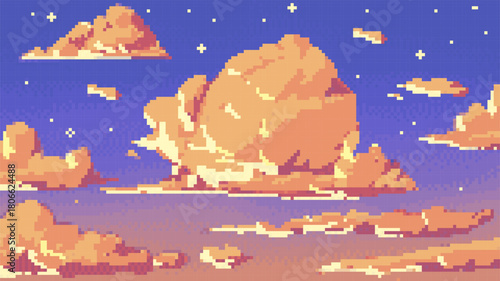 Orange pixel clouds of varying shapes in a sunset sky with stars, 8-bit.