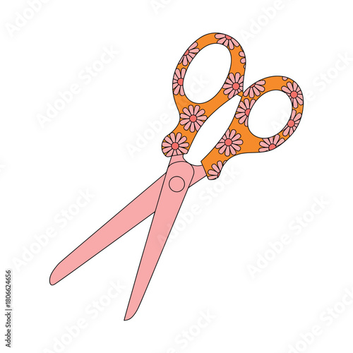 A pair of open scissors with a retro floral pattern on the handles.
