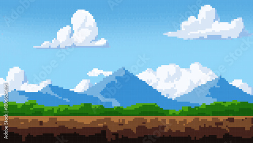 Pixel art background with a daytime landscape, clouds, land, trees, and mountains. 8-bit.