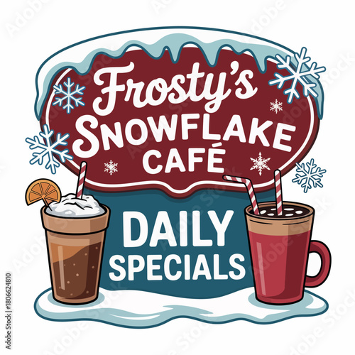 Cafe sign advertises daily specials with two frosty winter drinks displayed.