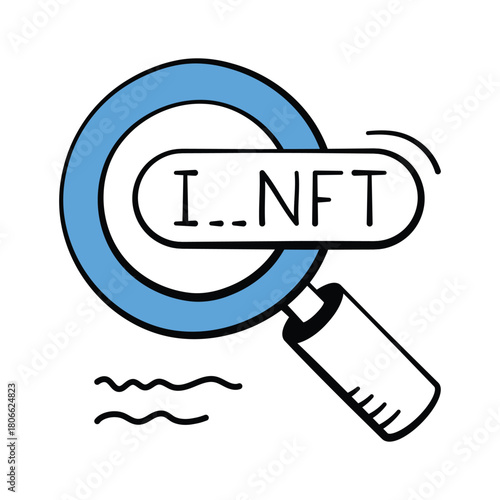 Digital magnifier searching NFT data on blockchain, doodle icon