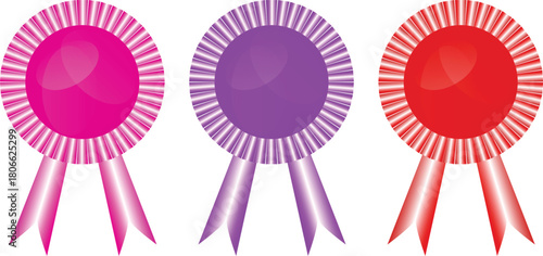 Award ribbon badge collection with colorful glossy prize medal icons and decorative rosette elements for designs