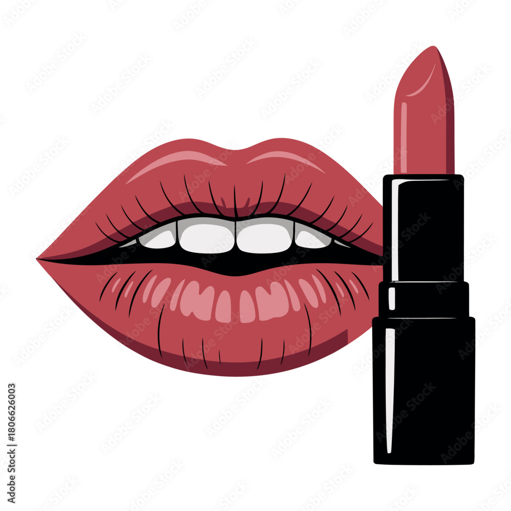 Obraz premium A woman's luscious lips are shown with a tube of lipstick, ready for application.