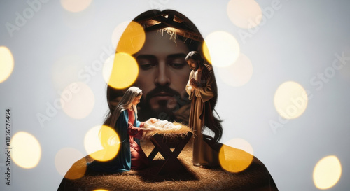 Double exposure of Jesus Christ's face with a nativity scene. Biblical story of Jesus' birth. Christian concept for Christmas holiday.