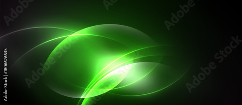 Abstract green light shapes overlap, creating luminous curves. Dark background emphasizes bright energy, smooth gradients present.