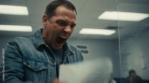 A man displays anger and disappointment as he reads a concerning letter while in a crowded health center waiting room. Nearby patients react to his outburst.
