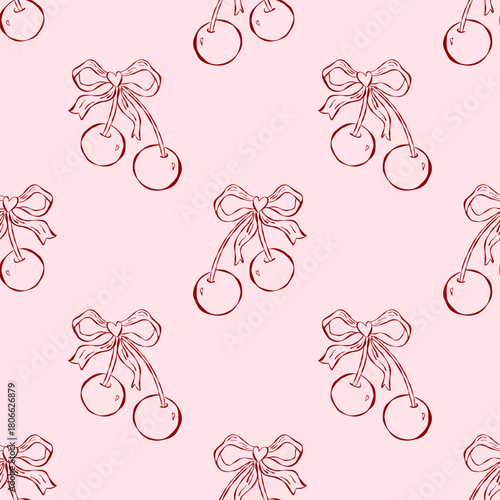 Romantic cherry seamless pattern with elegant bow and heart detail, perfect for Valentine designs, sweet packaging and feminine stationery