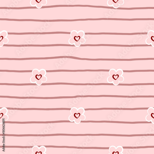Valentine seamless pattern with heart flowers and soft stripes on a pink background, perfect for romantic stationery, packaging, cute prints and sweet holiday designs