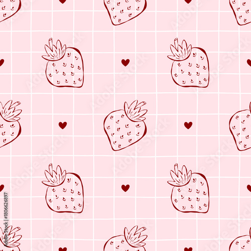 Cute seamless pattern with whimsical strawberries, tiny hearts and soft grid, perfect for Valentine designs, sweet packaging, girly stationery and romantic aesthetic prints