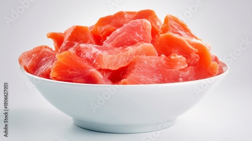 A bowl filled to the brim with vibrant, freshly cut salmon pieces showcases the beauty of seafood preparations. Perfect for sushi or healthy meals, the colors pop against a minimal backdrop
