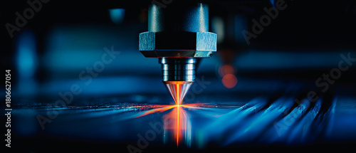 Laser cutting machine in operation with bright orange light on a metallic surface in a dark space