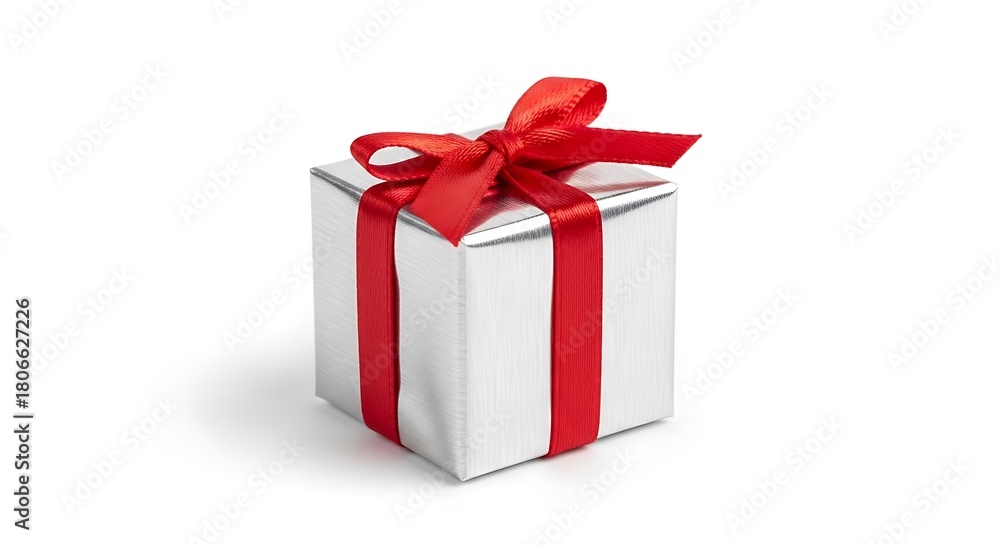 Obraz premium A beautifully wrapped silver gift box adorned with a vibrant red ribbon and elegant bow, perfect for celebrating special occasions, holidays, and joyous moments of giving.
