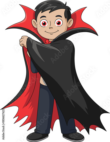 Cute cartoon boy dressed as a young vampire with black cape and red collar, fun Halloween character illustration for festive design projects