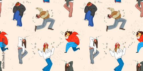 Seamless pattern with people listening to music in headphones and dancing to it. Enjoy listening to music. Vector illustration.