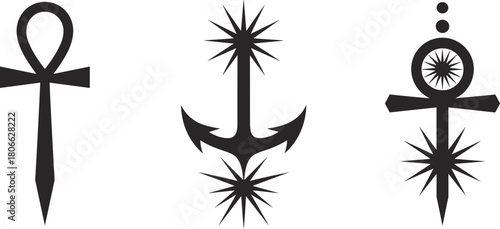 Minimalist gothic symbol collection featuring stylized ankh crosses and starburst elements, dark occult mystical design icons for alternative graphic artwork projects