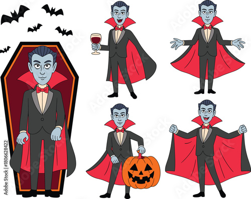 Cartoon vampire character set with cape, coffin, bats, pumpkin and wine glass, fun Halloween illustration collection for festive design projects
