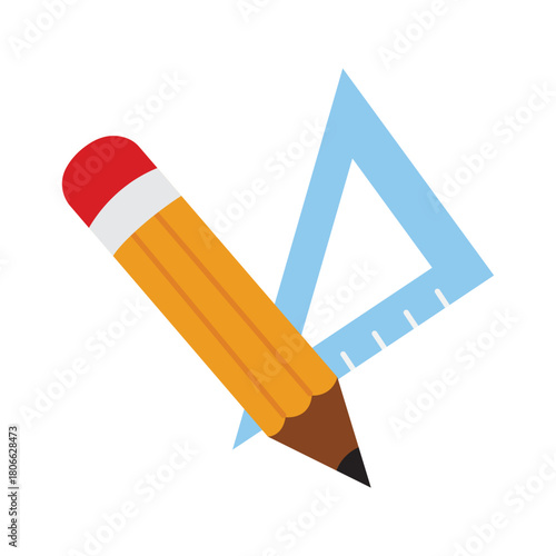 Pencil, triangle ruler. Ideal for stationery, back to school, math, design, drafting, architecture, geometry concepts in education.