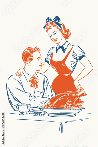 Vintage holiday couple serving festive turkey dinner in retro pin-up illustration