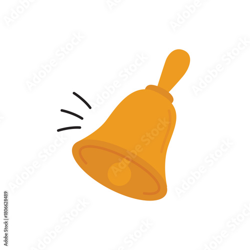 Handbell ringing a vibrant orange cartoon style bell contrasts strikingly against a stark black background suitable for music related designs.