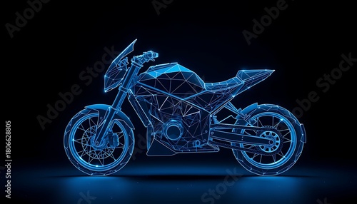 Blue wireframe motorcycle profile with glowing connections on black background bike vehicle