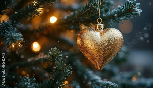 Golden heart ornament on Christmas tree during a snowfall