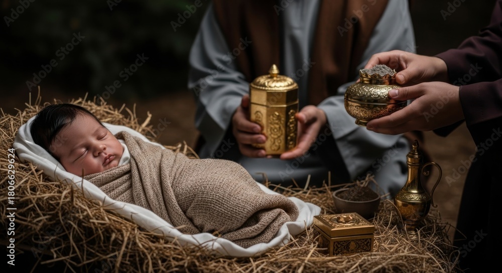 Fototapeta premium Baby Jesus sleeping in manger with men offering gifts. Christmas nativity scene. Christian holiday, religion, birth of Christ.