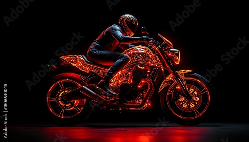 Motorcyclist in leather suit with glowing orange motorcycle on black rider helmet