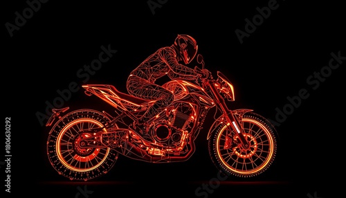 Wireframe Motorcycle and Rider in Orange Neon Light on Black Background 8f209c446b6e 97ee