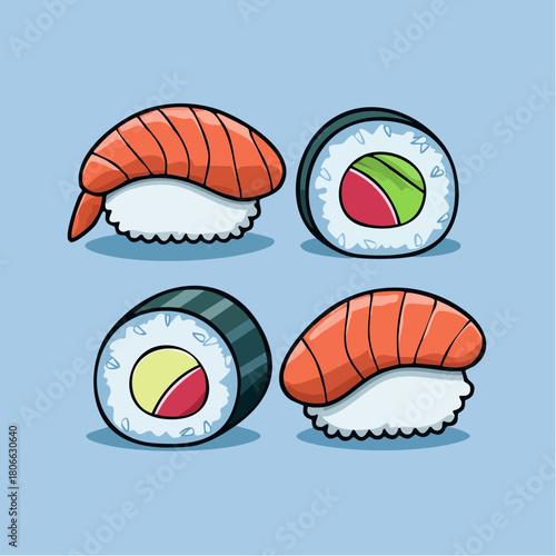 A delightful collection of four cartoon-style sushi pieces, featuring nigiri and maki rolls, presented on a solid blue background, perfect for culinary or decorative designs