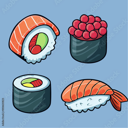 Delicious Japanese Sushi and Maki Rolls A Colorful Assortment of Fresh Seafood and Rice Delicacies