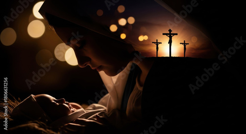 Woman as Mary with baby Jesus in manger under starry sky. Biblical story of nativity with three crosses symbolizing crucifixion. Christianity concept for Christmas.