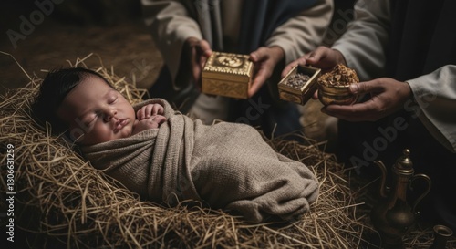 Adoration of the baby by three wise men. New born child in manger with kings offering gifts of frankincense, myrrh, gold. Christmas nativity scene for holiday card.
