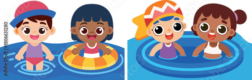 kids swimming cartoon, summer pool illustration, child swimming vector, water fun artwork, outdoor pool design, happy kids poster, cute children characters, summer vacation art, refreshing water drawi