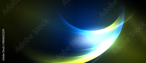 Abstract design features flowing curves, vibrant blues, yellows. Light radiates from center, creating dynamic visual effect. Smooth gradients dominate composition.