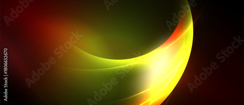 Abstract vibrant curves blend, creating dynamic light effect. Colors transition from red, orange, green, yellow. Smooth shapes suggest movement.