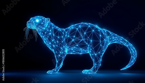 Blue digital otter illustration with glowing lines and nodes on dark background image photo