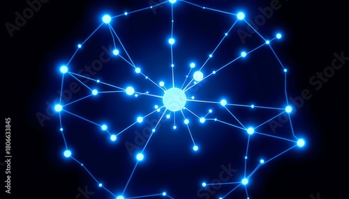 Central glowing blue node with radiating lines and interconnected nodes on black abstract network