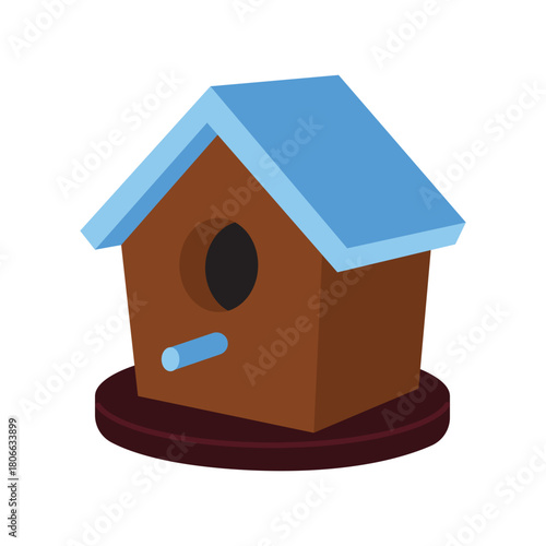 A brown wooden bird house with a blue roof and perch on a dark base.
