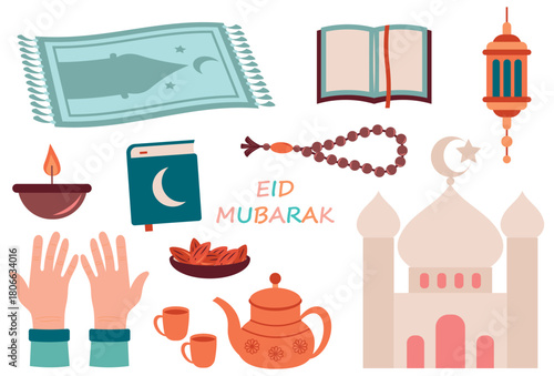 A set of illustrations for the Ramadan holiday on a white background.