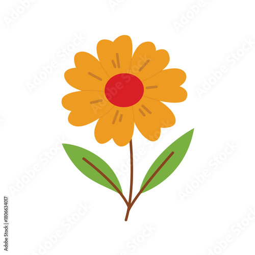 A simple cartoon illustration of a yellow flower with a red center and green leaves on a white background.