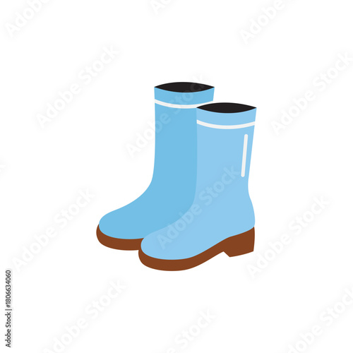 A pair of blue rubber boots with brown soles on a white background, suitable for rainy weather conditions.