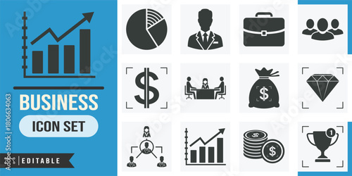 Business icon set with graph, pie chart, dollar sign, briefcase, money bag and trophy