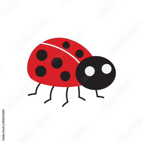 A cartoon ladybug with a red shell and black spots walks on a white background.