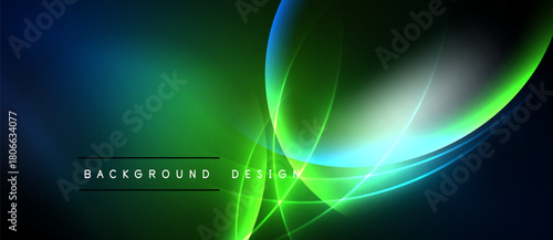 Abstract green, blue design. Bright curves, lines create dynamic visual effect. Dark background emphasizes glowing elements. Modern, sleek presentation.