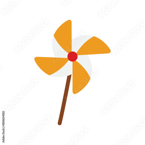 A simple illustration of a yellow and white pinwheel toy with a red center on a brown stick against a clean white background.