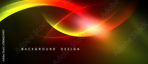 Abstract flowing lines, vibrant colors. Red, yellow, green gradients create dynamic visual effect. Dark background emphasizes luminosity.