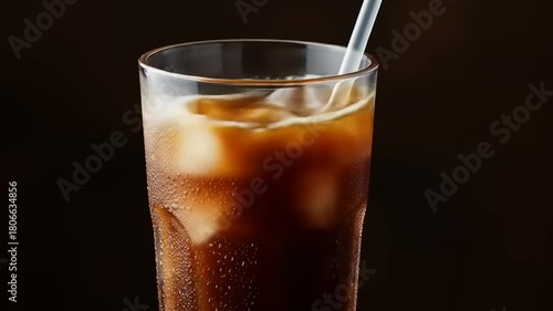 Refreshing glass of iced beverage with straw, set against a dark background, evoking relaxation